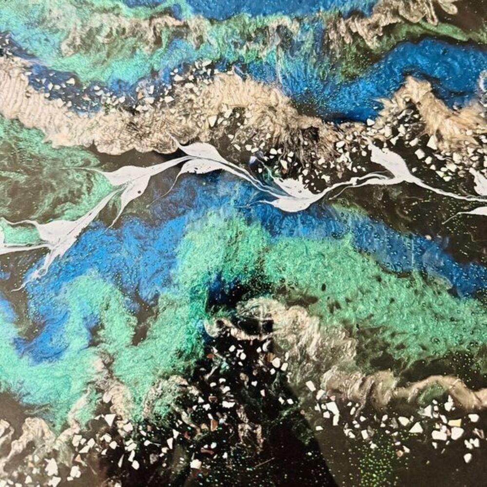 Stunning 21" Handpainted Lazy Susan Abstract Ocean Art Blue White Centerpiece - Picture 7 of 7